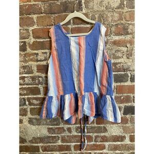 Girl Krazy Blue Coral Stripe Sleeveless Peplum Prairie Top Ladies Size Small